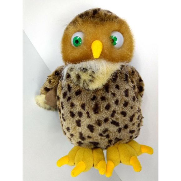 Vintage Eyenimal 9" Brown Mottled Owl Plushie With Big Green Moving Eyes - Picture 6 of 9